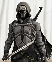 Armored Futuristic hooded sci fi samurai . 3d rendering © Digital Storm