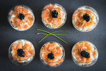 verrine salmon lumpfish egg fresh cheese and avocado bed