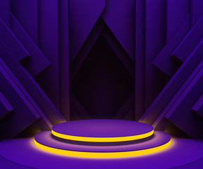 Podium with neon lights on dark room background.Purple stage.3D render