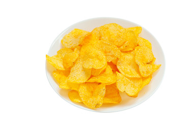 delicious fried potatoes on plate on white background