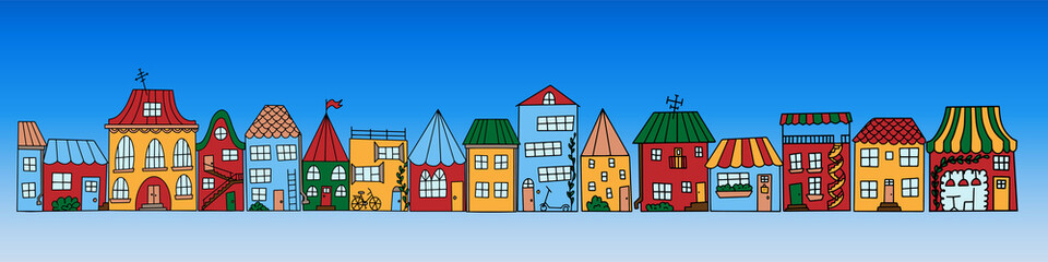 Naklejka premium Color vector doodle style houses. Collection of cute hand-drawn