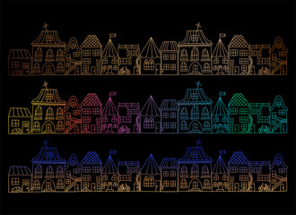 Set of different color examples of hand-drawn houses. Contour vector illustration. Street concept of a small town