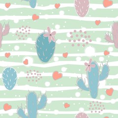Cute seamless pattern with cacti and hearts on white background