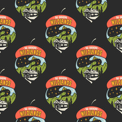 Camping seamless pattern with mountain forest label badges. Unknown wildland text. Travel wallpaper background. Stock vector