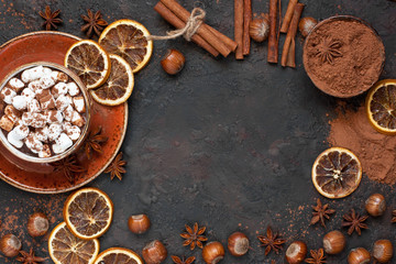 Food concept with spices and hot cocoa, flat lay
