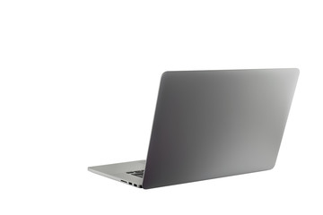Open laptop notebook isolated on white background. Thin, modern looking. Copy space for text or image. Metallic silver color.