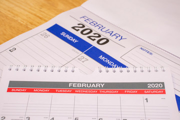 2020 new year concept, calendar with the month of february shown