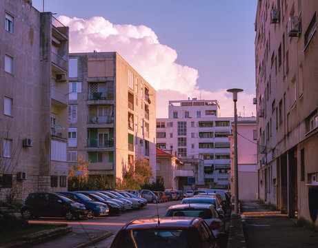 Cars on sunset street in Zadar, Croatia