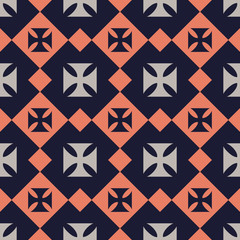 Vector seamless background with squares and crossed abstract elements. Ethnic screen printing . Artistic hand-painted fabric