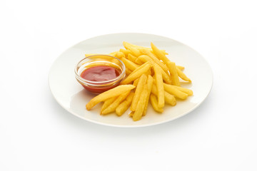 Plate of french fries with ketchup on white background