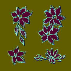 Set of hand-drawn vector contour flowers on a ocher background. illustration suitable for printing on fabric