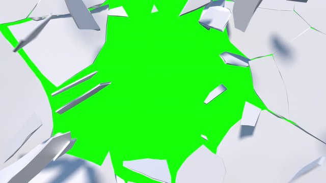 3D explosion of white wall with green screen behind. Close up slow motion of destruction wall. Animation background. 4K.