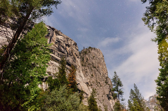 An upward view of clouds and stars just off the trail in Yosemite