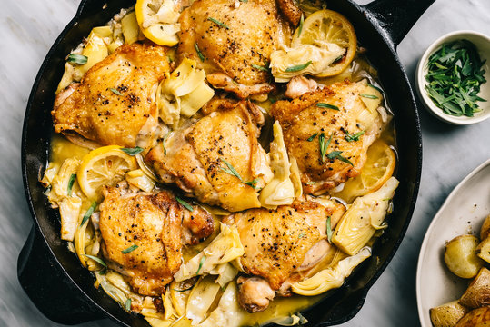 Artichoke Chicken in an iron skillet