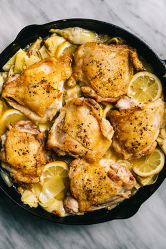 Artichoke Chicken in an iron skillet