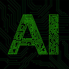 Artificial Intelligence with circuit board isolated on black background. Abstract technology concept