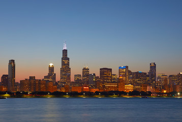 Chicago Skyline at blue hour, Chicago, Illinois, United States