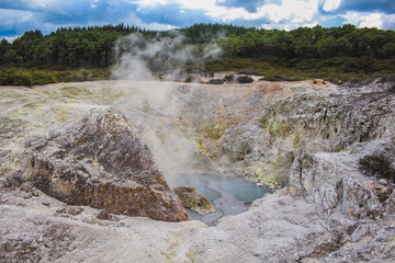 White steam is always present at Wai-O-Tapu Thermal Wonderland near Rotorua, North Island, New...
