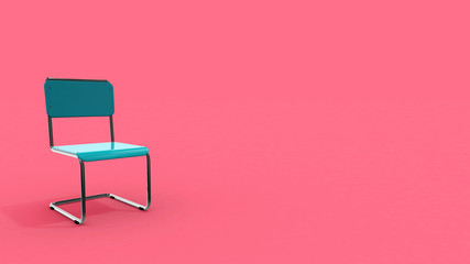 Modern chair in blue on pink background with copy space.Digital Illustration.3d rendering