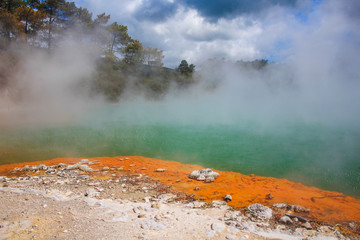 Colorful Champagne Pool at Wai-O-Tapu Thermal Wonderland near Rotorua, North Island, New Zealand