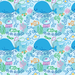 seamless repeat pattern with cute whales, fishes, seaweeds, flowers and balloons