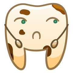 Isolated cartoon sad dirty tooth for International Dentist Day. White background, vector.