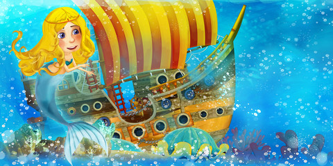 Cartoon ocean scene and the mermaid princess in underwater kingdom swimming and having fun near the sunken pirate ship - illustration for children