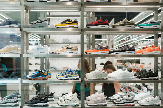 Nike Sneaker Collection / Sport Shoes In Shopping Window At Store In - Berlin, Germany - June 2018