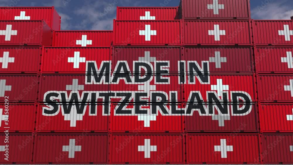 Poster containers with made in switzerland text and national flags. swiss import or export related 3d anima