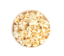 Bucket of tasty pop corn isolated on white, top view