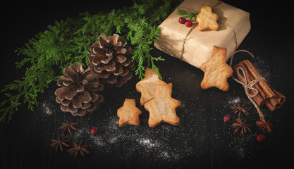 New Year's celebration. New Year's still life. Gifts and refreshments for the new year.