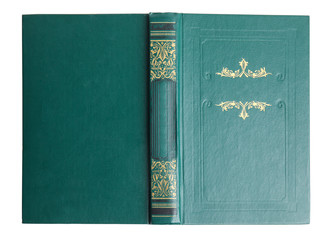 Open old book with vintage green cover isolated on white, top view