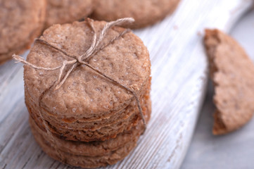 Tasty cookie tied with braid. Cookies for breakfast.