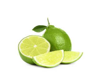 Fresh ripe green limes isolated on white