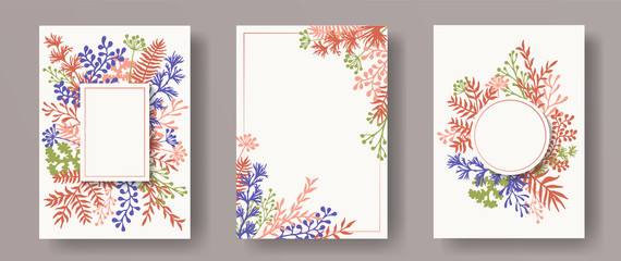 Cute herb twigs, tree branches, leaves floral invitation cards templates. Herbal corners natural invitation cards with dandelion flowers, fern, mistletoe, olive tree leaves, savory twigs.