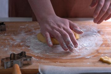 Cut cookies from rolled dough..Cook cuts cookies out of rolled dough.
