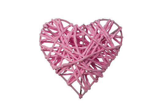 Decorative braided heart painted pink, isolated, on white background