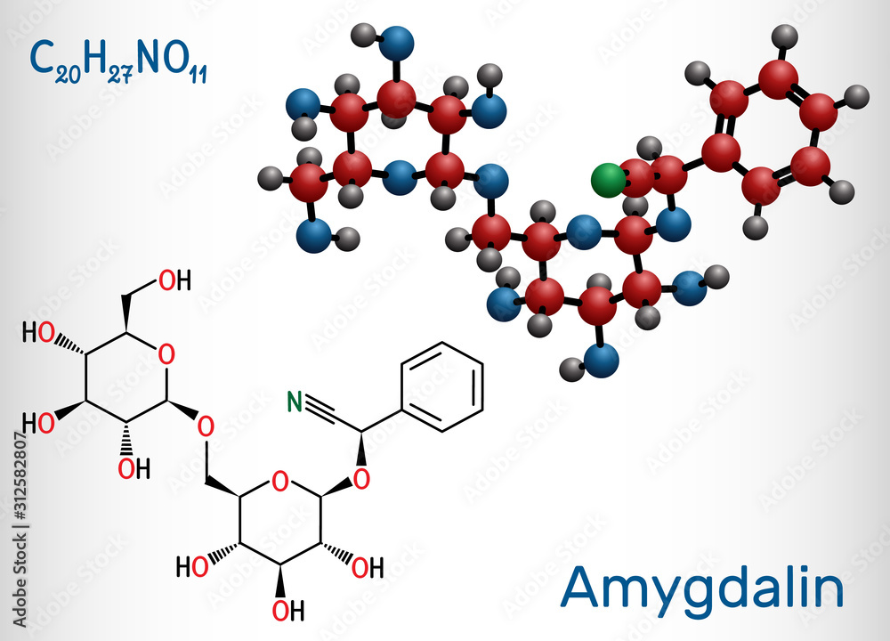 Sticker amygdalin, laetrile molecule, is a naturally occurring cyanogenic glycoside. structural chemical for