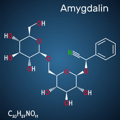 Amygdalin, laetrile molecule, is a naturally occurring cyanogenic glycoside. Structural chemical formula on the dark blue background