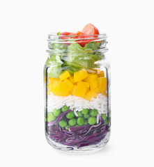 Healthy salad in glass jar isolated on white