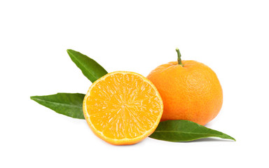 Fresh ripe tangerines with leaves isolated on white. Citrus fruit