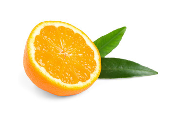Half of fresh ripe tangerine with leaves isolated on white. Citrus fruit
