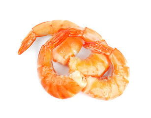 Delicious freshly cooked shrimps isolated on white, top view