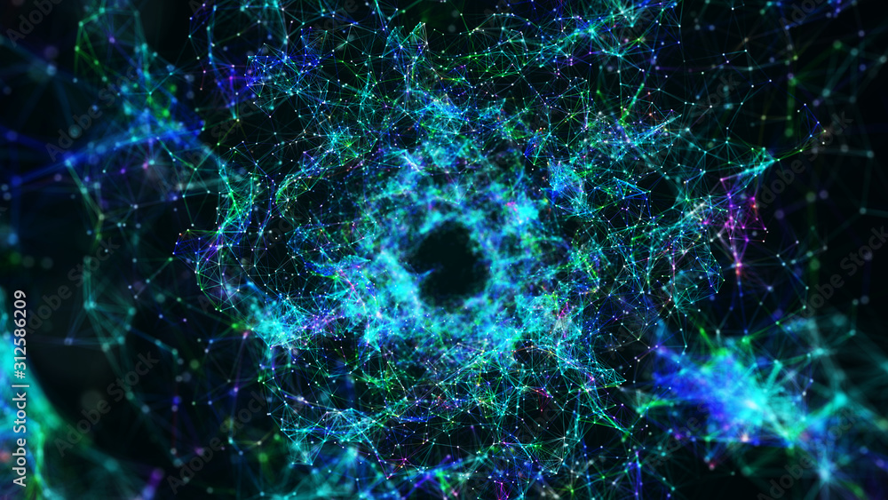 Poster abstract interstellar tunnel or portal. 3d wormhole of particles connected by lines. 4k illustration