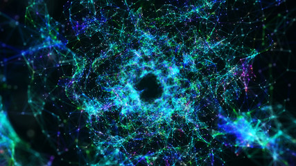 Abstract interstellar tunnel or portal. 3D wormhole of particles connected by lines. 4K illustration. 3d rendering.