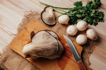 Pleurotus and Champignon mushrooms on a wooden cutting board. Commonly edible mushrooms. 