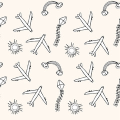 Plane, sun, kite, rainbow, clouds seamless pattern. Endless background on pink holliday art design elements stock vector illustration for web, for print