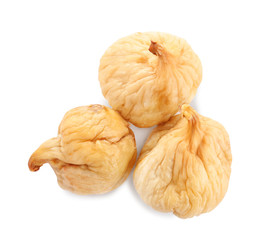 Pile of tasty dried figs isolated on white, top view