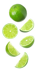 Collage of falling limes on white background