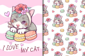 Seamless pattern and wallpaper template gray cat, macaron, flower and heart set,  kawaii character cartoon design, gift wrapping pattern, screen wallpaper, cards and postcard.